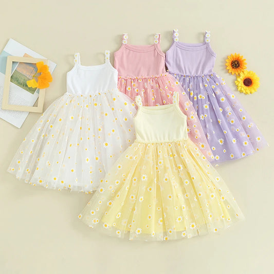 0-4Y Baby Girls Summer Dress Sling Sleeveless Daisy Print Mesh A-Line Princess Dress for Beach Party Kids Clothes