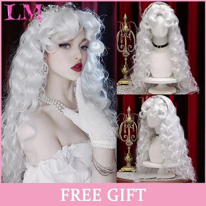 LM White Ombre Black Synthetic Wig for Women Long Curly Wave Wigs with Bangs Cosplay Party Heat Resistant Hair