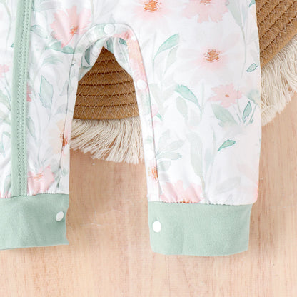 2PCS Autumn New Style For 0-1 Year Old Girl Baby Sweet And Cute Round Collar Printed Long-Sleeved Jumpsuit Pants + Hair Band