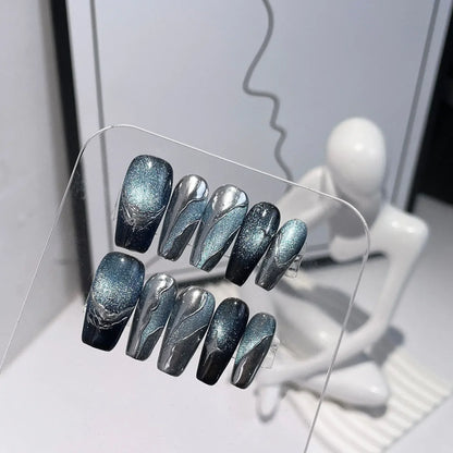 10pcs Cat Eye Press on Nails Y2k Metal Fake Nail with Glue Black Sweet Cool Press on False Nails Wearable Long Coffin Nails Art