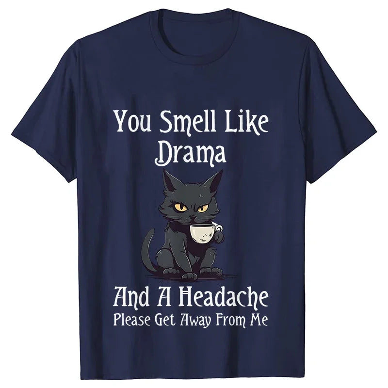 Black Cat Coffee T-shirts Women Pet Cartoon Tshirts You Smell Like Drama Print Women's Clothing Cat Mom Women Tee T-Shirts Tops