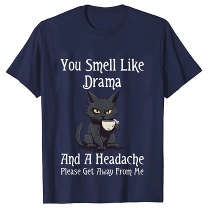 Black Cat Coffee T-shirts Women Pet Cartoon Tshirts You Smell Like Drama Print Women's Clothing Cat Mom Women Tee T-Shirts Tops