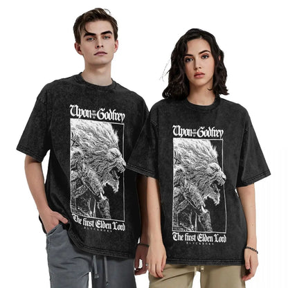 Elder Washed T Shirt Streetwear Hip Hop Cool T-Shirts Game Tees Tops for Men Women 100% Cotton Oversize Graphic