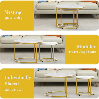2-piece Nested Table Set, Living Room Circular Coffee Table with Golden Metal Frame, Marble Patterned Nested Table