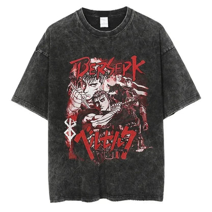 Berserk Print T Shirt Men Vintage Washed T-Shirt Anime Guts Graphic Tshirt Hiphop Streetwear Tees Summer Casual Berserk Clothes