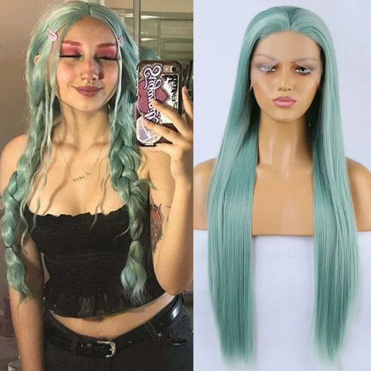 Mint Green Wig Long Straight Synthetic Lace Front Wig Light Hair Colored Glueless Lace Frontal Wigs for Women Party Cosplay