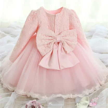 2024 Baby Girl Clothes Lace Long Sleeves Newborn Infant 1st Birthday Baptism Pink Dress Wedding Party Dresses for Girls Vestidos
