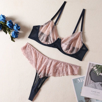 HIMEALAVO Sexy Lingerie Seamless Bra Sheer Lace Underwear Set Women 2 Piece Contrast Color Fancy Intimate See Through Outfits