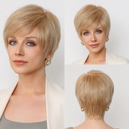 Pixie cut Human hair Wigs Sand Blonde Short Straight Bob Wigs with Bangs 100% Real Human Hair Glueless Wigs Natural Daily Use
