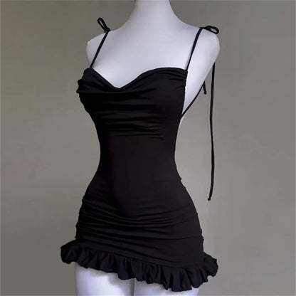 2024 European and American New High end Y2K Sexy Open Back Lace up Slim Fit Spicy Girl Short Skirt Summer Party Club Mini Dress