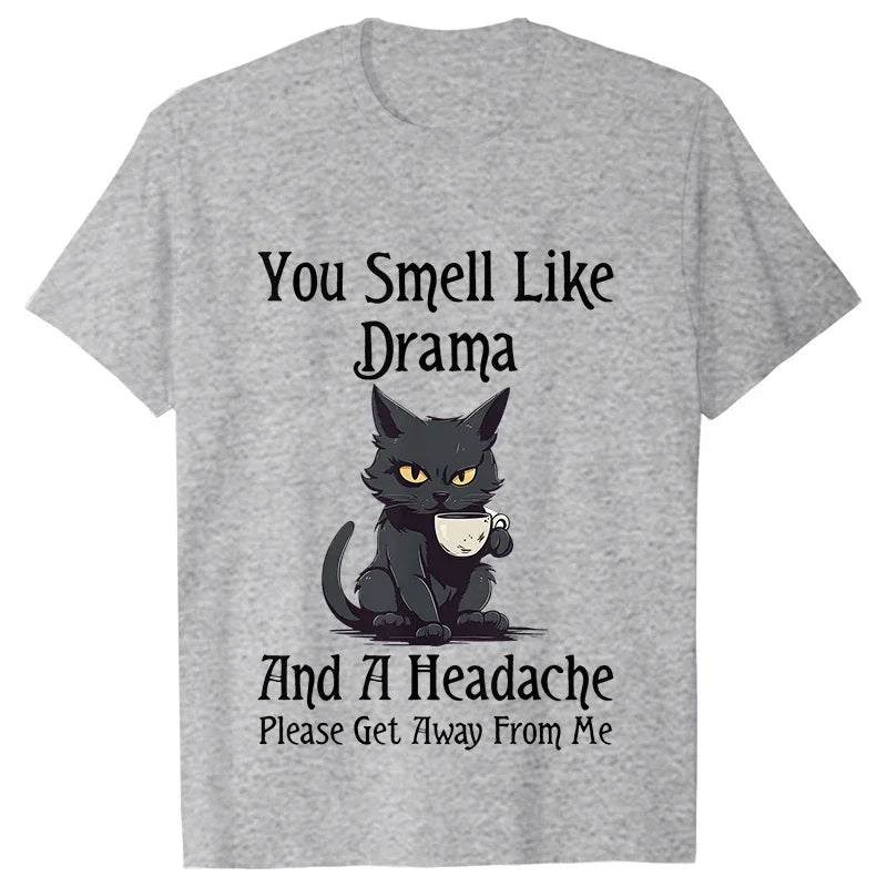 Black Cat Coffee T-shirts Women Pet Cartoon Tshirts You Smell Like Drama Print Women's Clothing Cat Mom Women Tee T-Shirts Tops