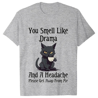 Black Cat Coffee T-shirts Women Pet Cartoon Tshirts You Smell Like Drama Print Women's Clothing Cat Mom Women Tee T-Shirts Tops