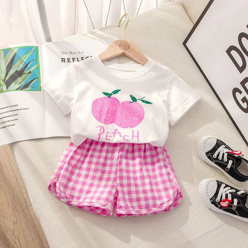 Baby Girls Clothes Sets Cute Fruit Print Short Sleeve+Plaid Shorts Toddler Summer Cotton T-Shirt Pant Set Outfits Kids Tracksuit