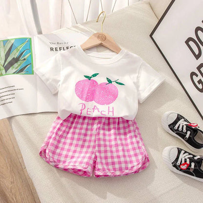 Baby Girls Clothes Sets Cute Fruit Print Short Sleeve+Plaid Shorts Toddler Summer Cotton T-Shirt Pant Set Outfits Kids Tracksuit