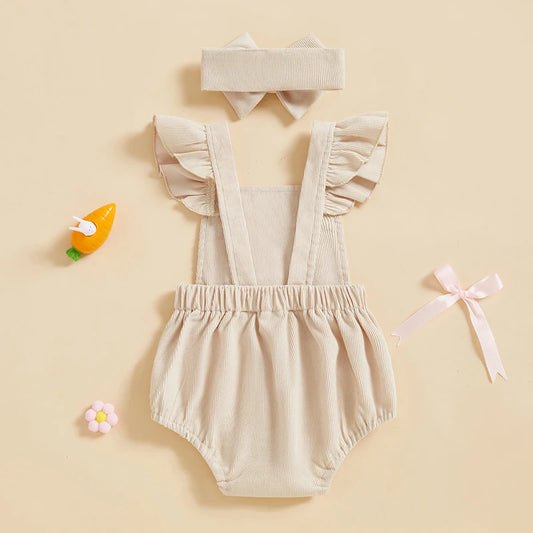 Adorable Baby Easter Romper Set with Cute Bunny Embroidery Flutter Sleeves and Matching Headband for Girls