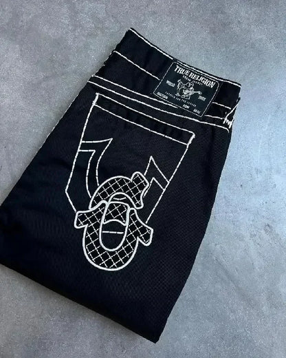 High street gothic y2k hip-hop pocket straight wide leg couple jeans retro embroidered zipper denim jacket two-piece set for men