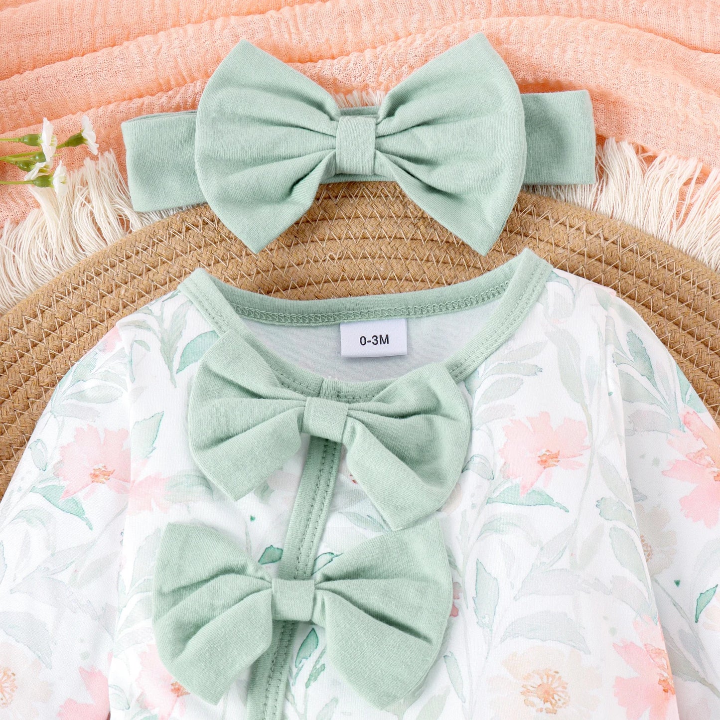 2PCS Autumn New Style For 0-1 Year Old Girl Baby Sweet And Cute Round Collar Printed Long-Sleeved Jumpsuit Pants + Hair Band