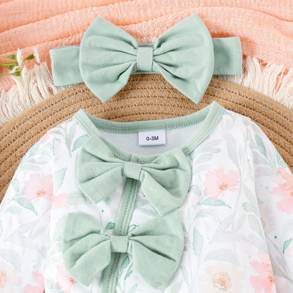 2PCS Autumn New Style For 0-1 Year Old Girl Baby Sweet And Cute Round Collar Printed Long-Sleeved Jumpsuit Pants + Hair Band