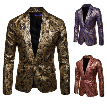 2023 Men's Golden Floral Blazers Business Casual Suit Wedding Dress Gold Blazer Men