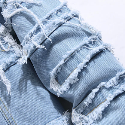 Stylish Street Men Distressed Stacked Splicing Slim Denim Jacket Ripped Male Casual Jean Jacket Coat