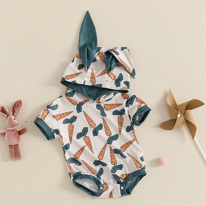 Cute Cartoon Animal Print Short Sleeve Romper with Hooded Ears for Infant Boys and Girls Summer Jumpsuit Easter Outfit