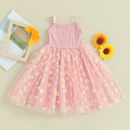 0-4Y Baby Girls Summer Dress Sling Sleeveless Daisy Print Mesh A-Line Princess Dress for Beach Party Kids Clothes