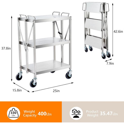 Heavy Duty Folding Utility Cart, Stainless Steel Collapsible Service Cart 133 Lbs Large Loading Per Shelf, 3-Tier Rolling Cart