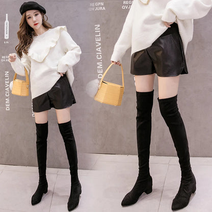 Cotton's Belly Patchwork PU Leather Shorts For Pregnant Women Fashionable Wide-legged Short Pants Maternity Side Split Trousers
