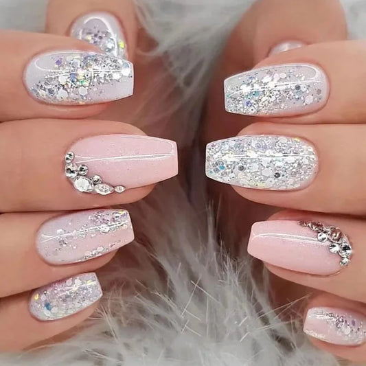 24 Pcs Glossy Short Coffin Press On Nails Pink And White French Style False Nails With Rhinestone Reusable Fake Nails