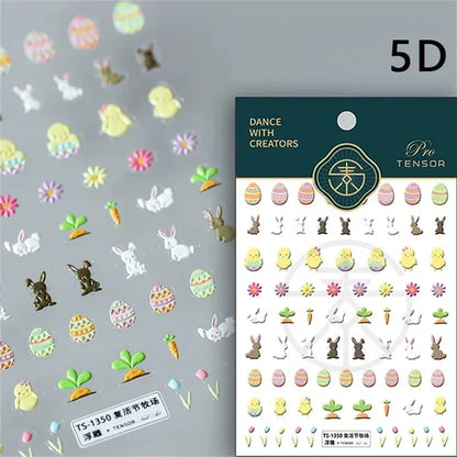 Noble Rococo Bunny Girl Pearl Butterfly Easter Egg Rabbit Soft Relief Self Adhesive 5D Nail Art Decoration Sticker 3D Nail Decal