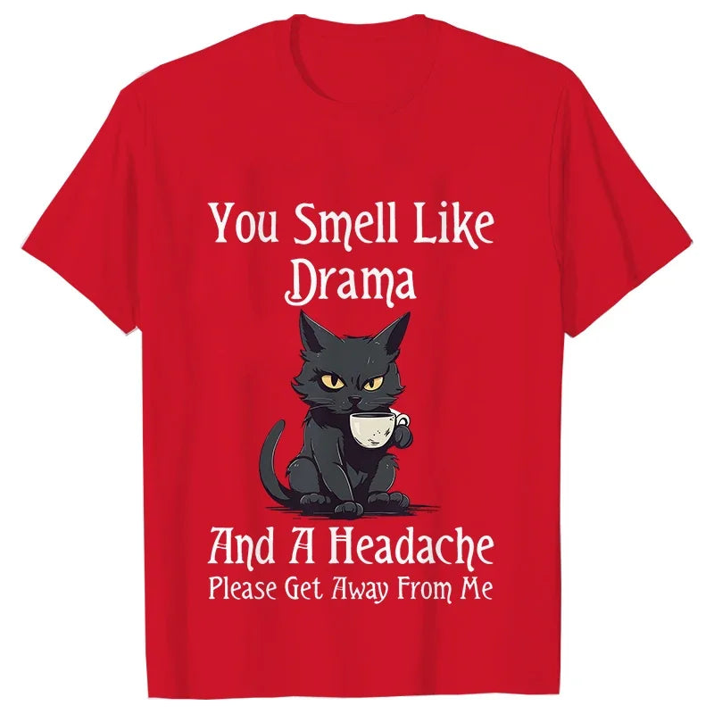 Black Cat Coffee T-shirts Women Pet Cartoon Tshirts You Smell Like Drama Print Women's Clothing Cat Mom Women Tee T-Shirts Tops
