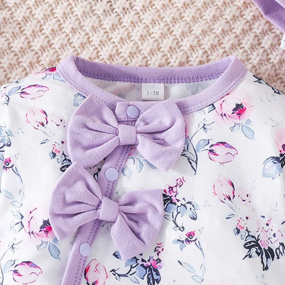 Baby Girl Newborn Onesies Romper 1-18Months Floral Cute bow Clothing Set With Hat Infant Long Sleeve Cute Tiny Button Jumpsuit