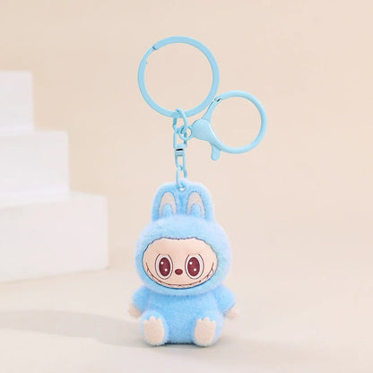 Sitting Labubu Doll Keychain External Implantation Fluff Pvc  Phone Ornaments Bag Charms Car Keychain Christmas Gifts