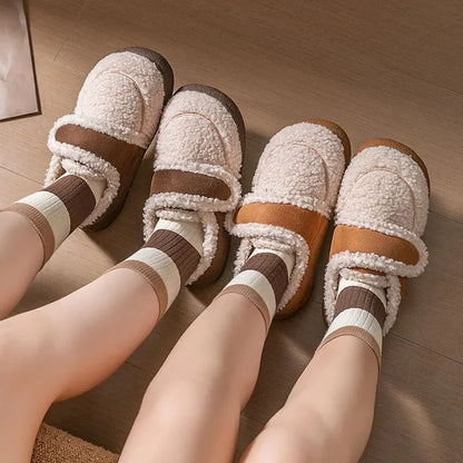 Autumn Winter Women Boots Brown Flannel Plush Warm Home Cotton Shoes Outdoor Platform Snow Boots Soft Sole Household Slippers
