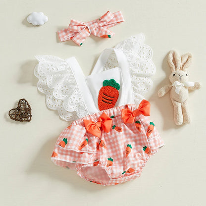 Baby Girl Easter Outfits Hollow Out Flying Sleeveless Square Neck Carrot Print Bodysuit with Bow Headband