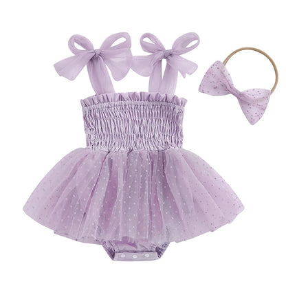 FOCUSNORM 0-18M Infant Baby Girls Princess Romper Dress 2pcs Strap Sleeveless Lace Up Dot Mesh Tulle Jumpsuits Hairband
