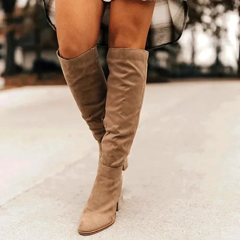 2024 Women Knee-High Boots Sexy High Heels Solid Color Women Shoes Zip Winter Warm Flock Fashion Pointed Toe Rome Females Boots