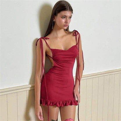 2024 European and American New High end Y2K Sexy Open Back Lace up Slim Fit Spicy Girl Short Skirt Summer Party Club Mini Dress