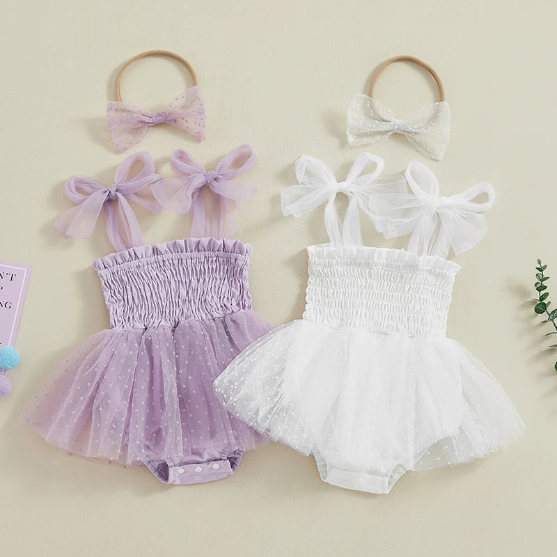 FOCUSNORM 0-18M Infant Baby Girls Princess Romper Dress 2pcs Strap Sleeveless Lace Up Dot Mesh Tulle Jumpsuits Hairband
