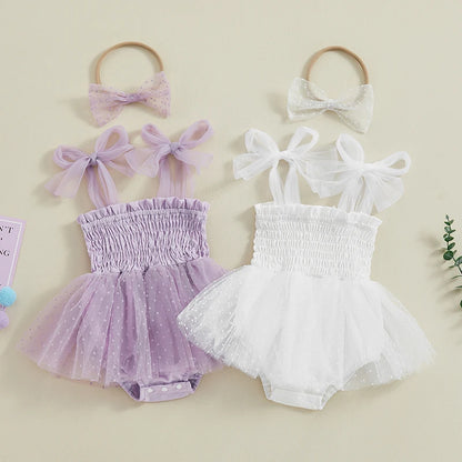 FOCUSNORM 0-18M Infant Baby Girls Princess Romper Dress 2pcs Strap Sleeveless Lace Up Dot Mesh Tulle Jumpsuits Hairband