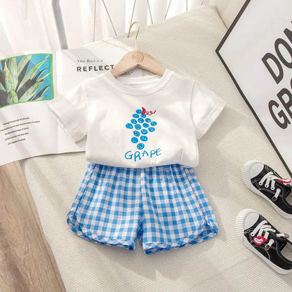 Baby Girls Clothes Sets Cute Fruit Print Short Sleeve+Plaid Shorts Toddler Summer Cotton T-Shirt Pant Set Outfits Kids Tracksuit