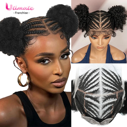 6 Inch Afro Cornrow Braided Wigs with Baby Hair Synthetic Full Lace Braid Wig Double Ponytail Bun Head Knotless Wig