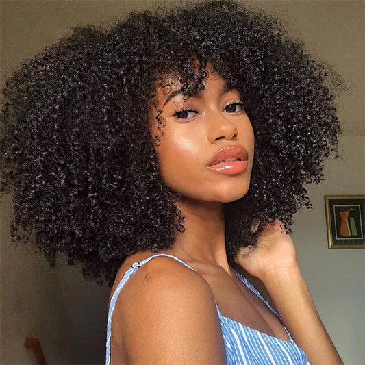 Afro Kinky Curly Wigs With Bangs Full Machine Made Wigs Short Curly Wigs For Black Women 100% Human Hair Wigs 180% Density