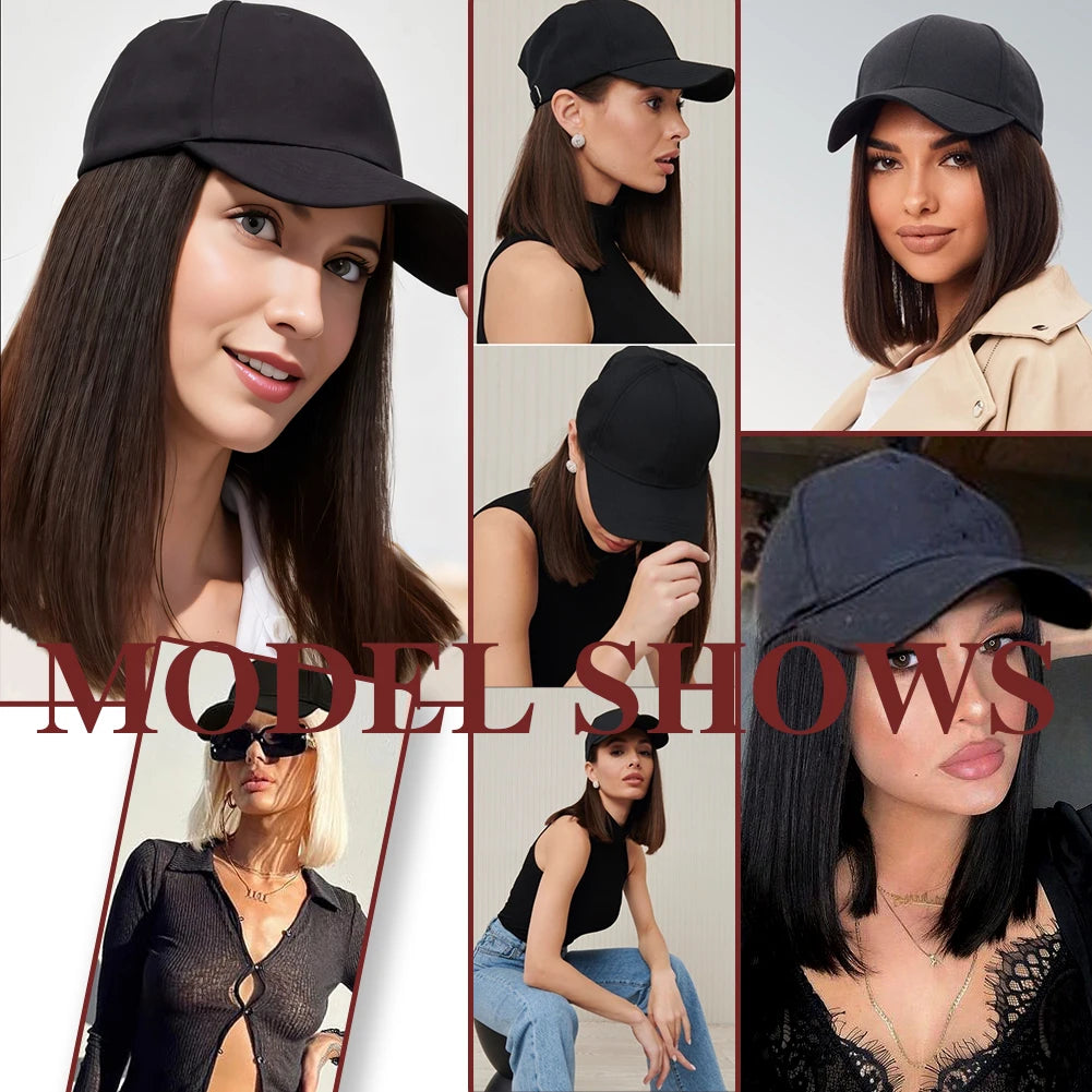 Baseball Cap with Synthetic Hair Extensions 10 Inches Straight Short Bob Hairstyle Adjustable Wig Hat for Women Girls