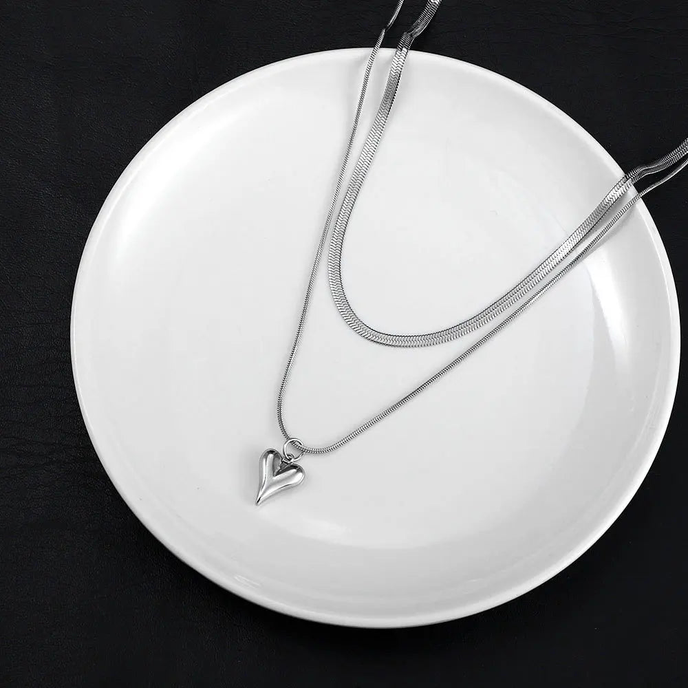 Seakissky Simple Stylish Double-layer Stainless Steel Necklace Charming Love Heart Pendant Hot Selling High-quality Women Gifts