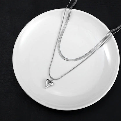 Seakissky Simple Stylish Double-layer Stainless Steel Necklace Charming Love Heart Pendant Hot Selling High-quality Women Gifts
