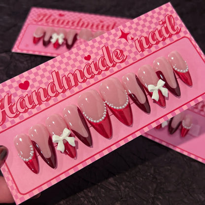 10Pcs French Almond Handmade Press on Nails Bowknot Fake Nails Wearable Stick-on Nails False Nail Накладные Ногти Faux Ongles