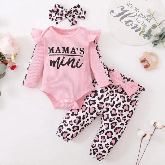 3Pcs Newborn Clothes Baby Girl Clothes Sets Infant Outfit Ruffles Romper Top Bow Leopard Pants New Born Toddler Clothing