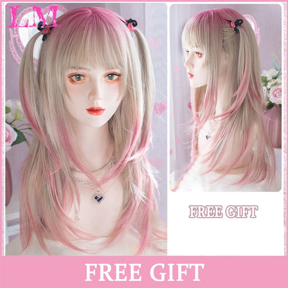 LM White Ombre Black Synthetic Wig for Women Long Curly Wave Wigs with Bangs Cosplay Party Heat Resistant Hair