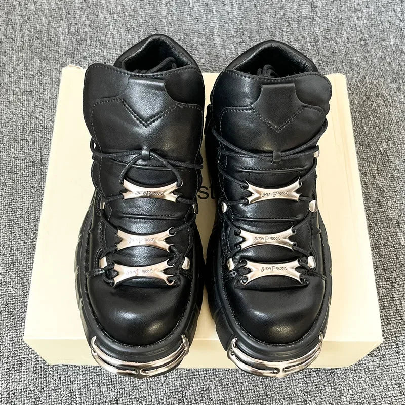 New Punk Style Women Shoes Lace-up Heel Height 6cm Platform Shoes Woman Gothic Ankle Rock Boots Metal Decoration Woman Sneakers